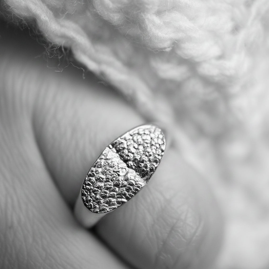 Cette bague personnalisée en argent a été réalisée à partir de l'empreinte de la truffe d'un chien grace à un kit empreinte. 